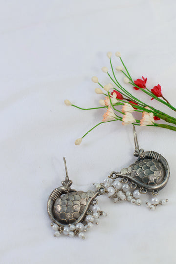 Oxidised Peacock Beaded German Silver Earrings