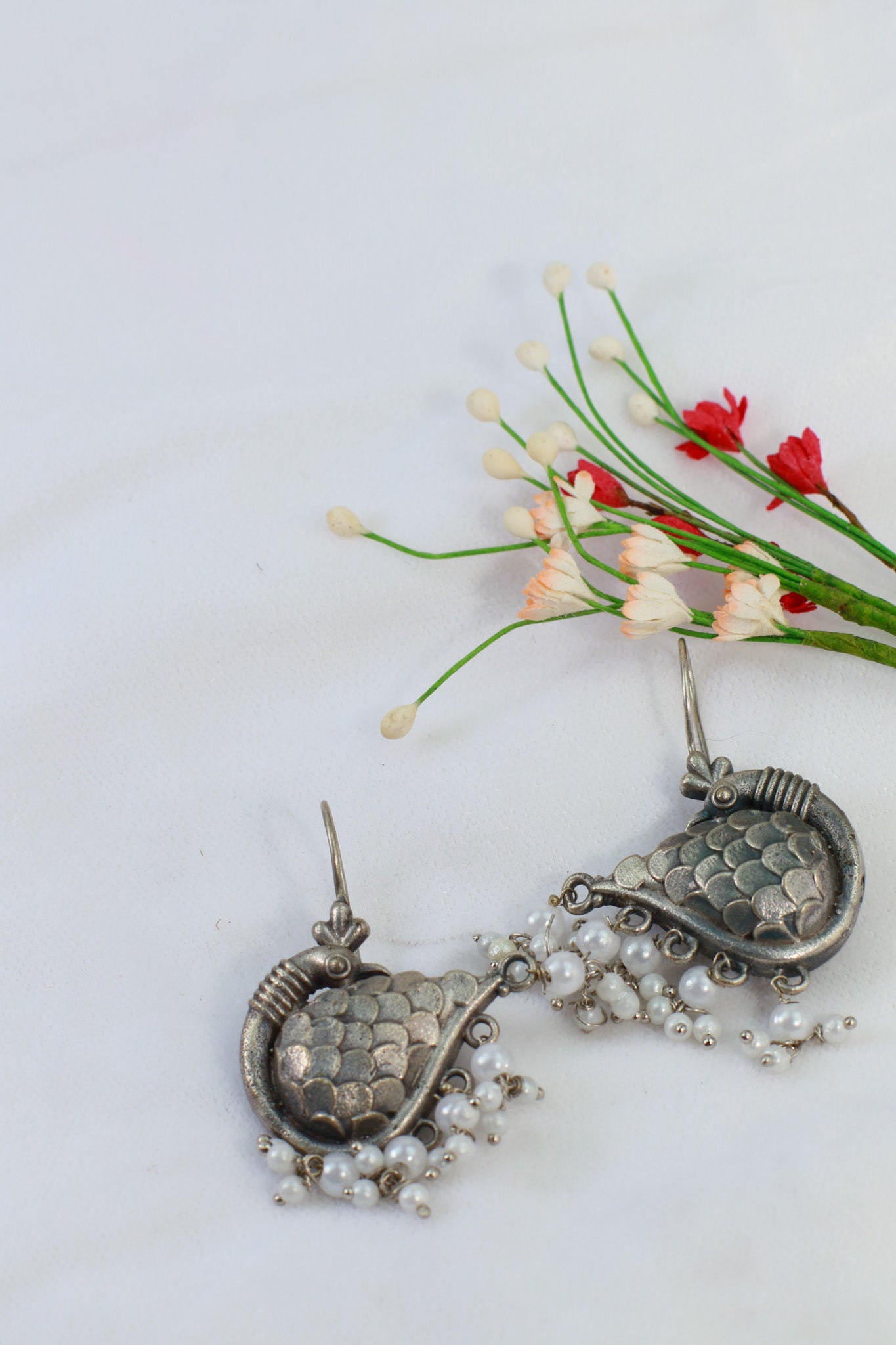 Oxidised Peacock Beaded German Silver Earrings