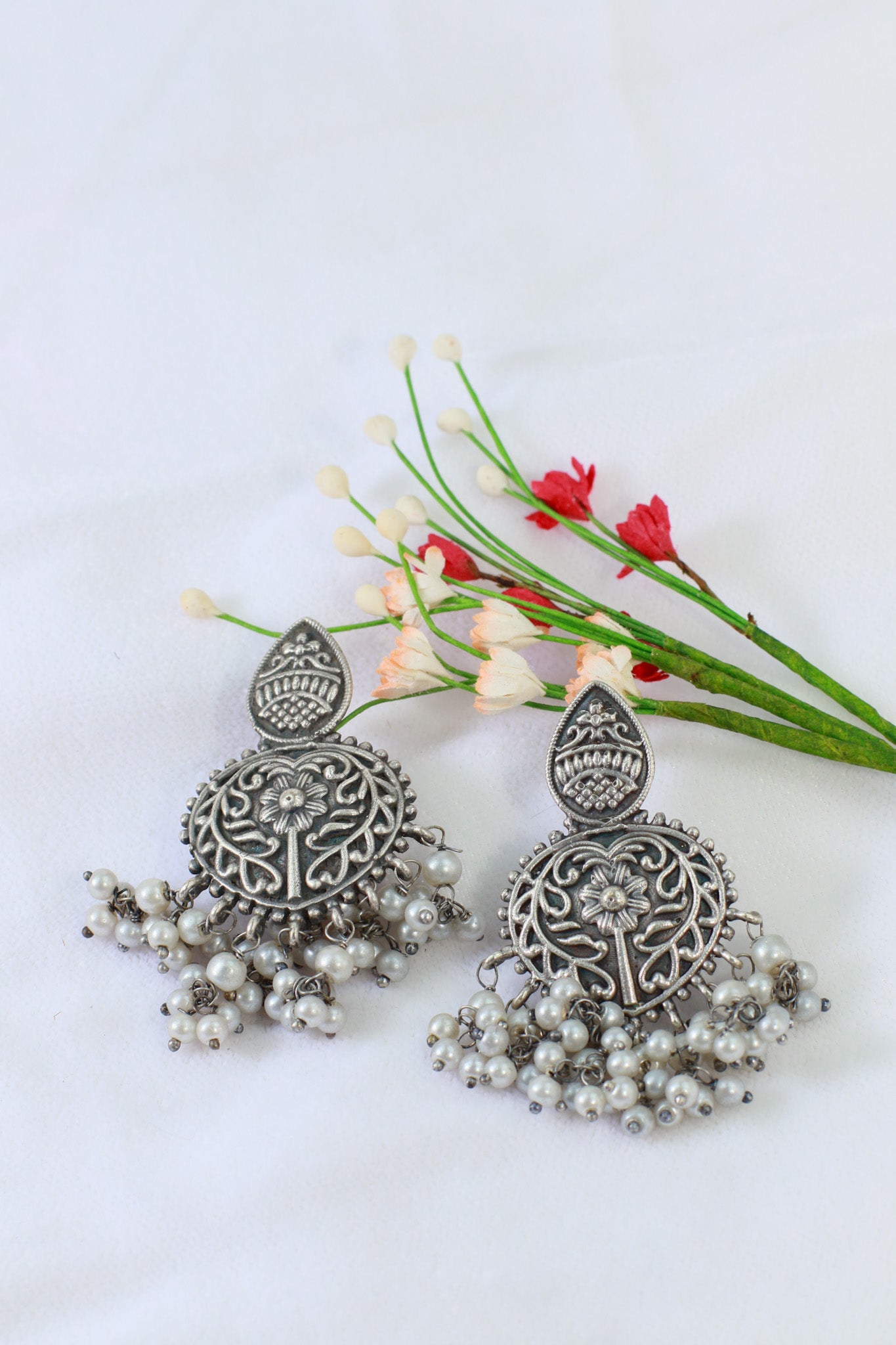 Oxidised German Silver Floral Earrings with Pearl Drops