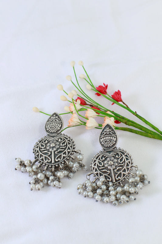 Oxidised German Silver Floral Earrings with Pearl Drops