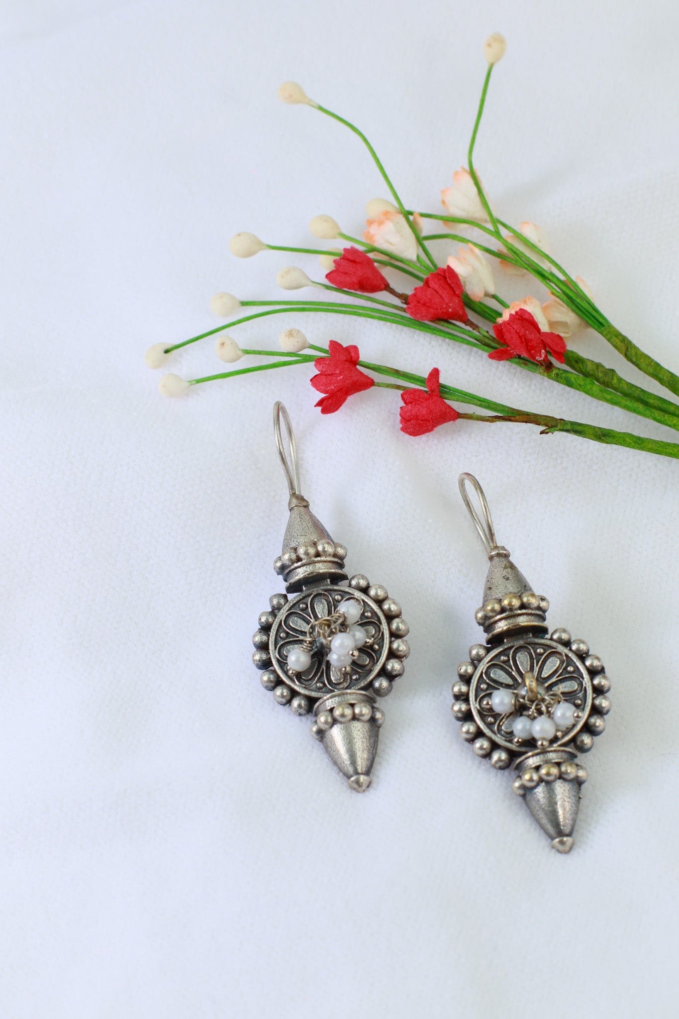 Oxidised Conical Beaded German Silver Drop Earrings