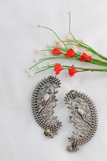 Oxidised German Silver Paisley Bird Stud Earrings