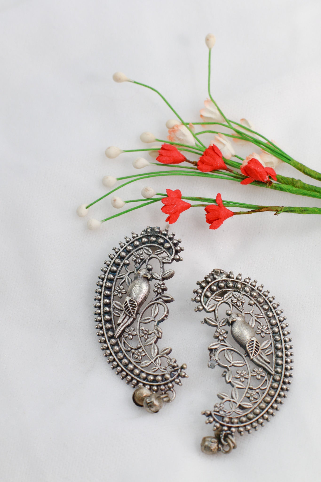 Oxidised German Silver Paisley Bird Stud Earrings