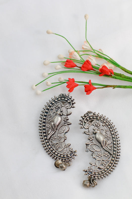 Oxidised German Silver Paisley Bird Stud Earrings