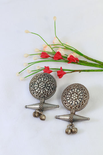 Oxidised German Silver Tribal Disc Stud Earrings