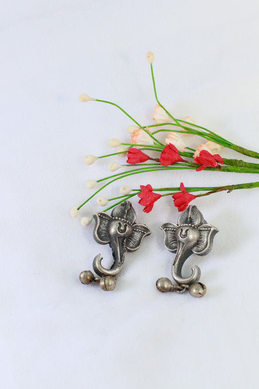 Oxidised German Silver Lotus Stud Earrings with Ghungroo Drops