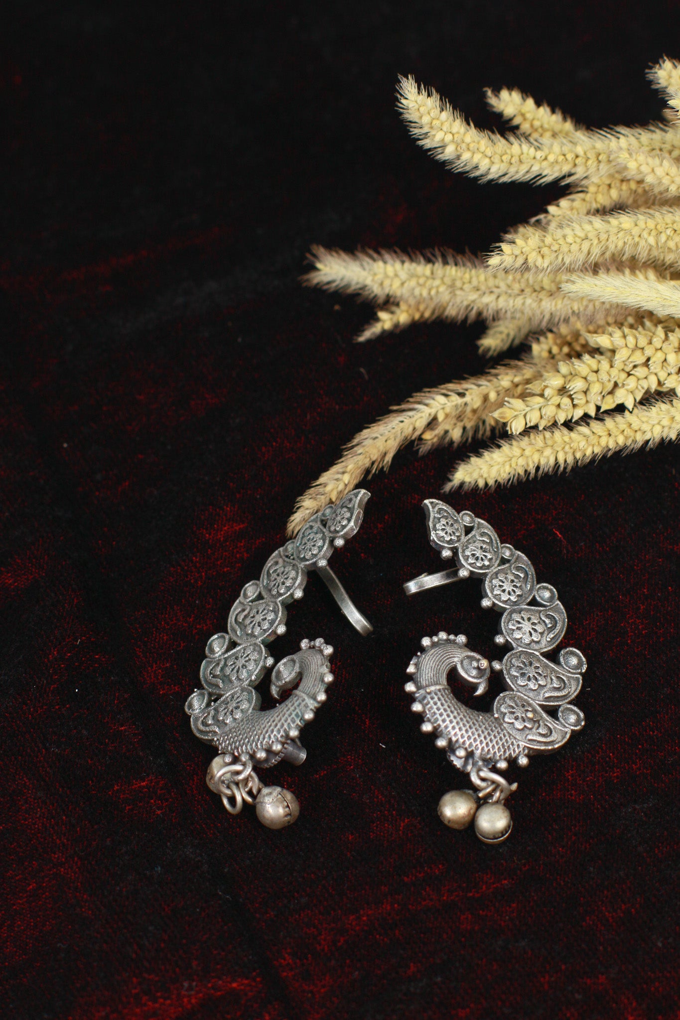 Oxidised German Silver Floral Peacock Earrings