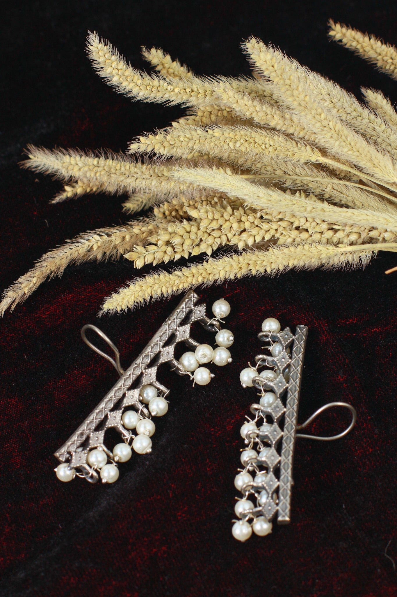 Oxidised Horizontal Pearl Bar German Silver Earrings