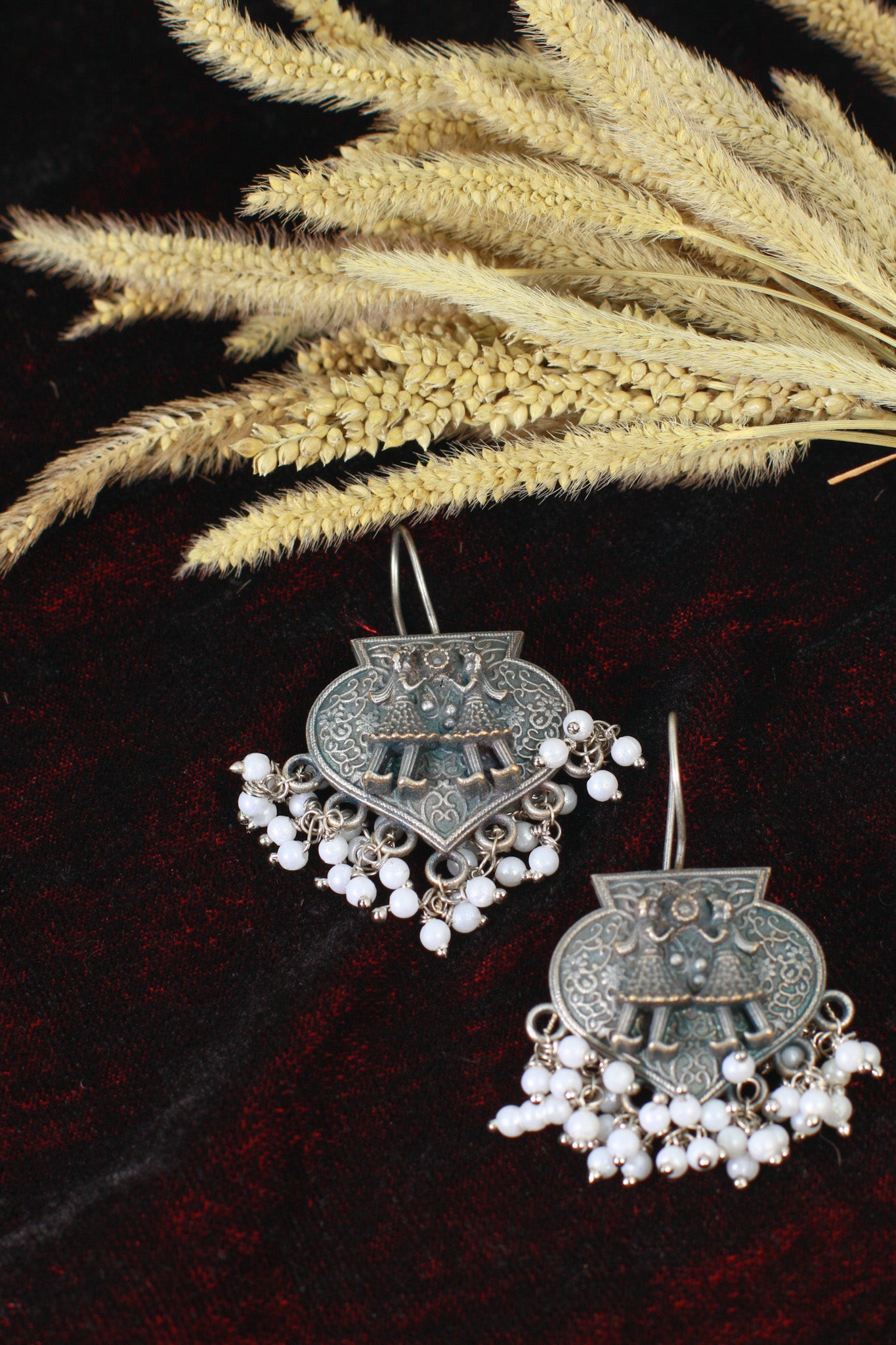 Oxidised German Silver Folk Dancer Earrings with Pearl Drops