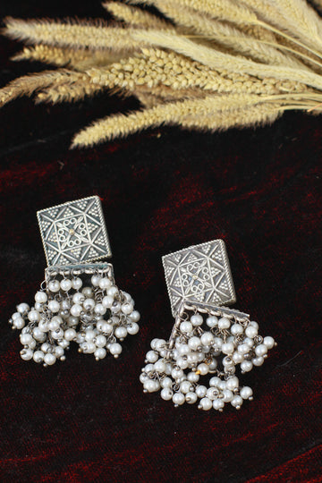 Oxidised German Silver Square Stud Earrings with Pearl Drops