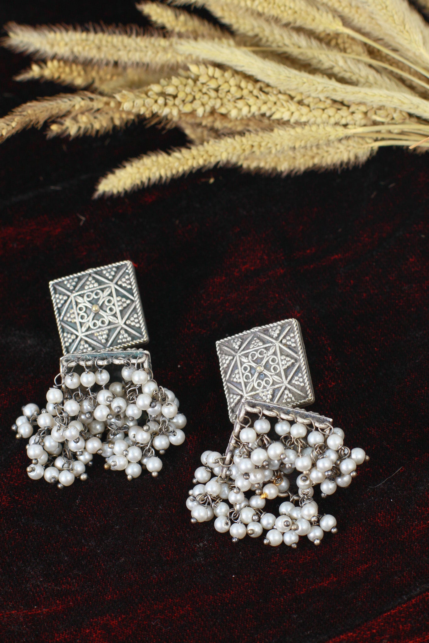 Oxidised German Silver Square Stud Earrings with Pearl Drops