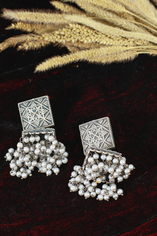 Oxidised German Silver Square Stud Earrings with Pearl Drops
