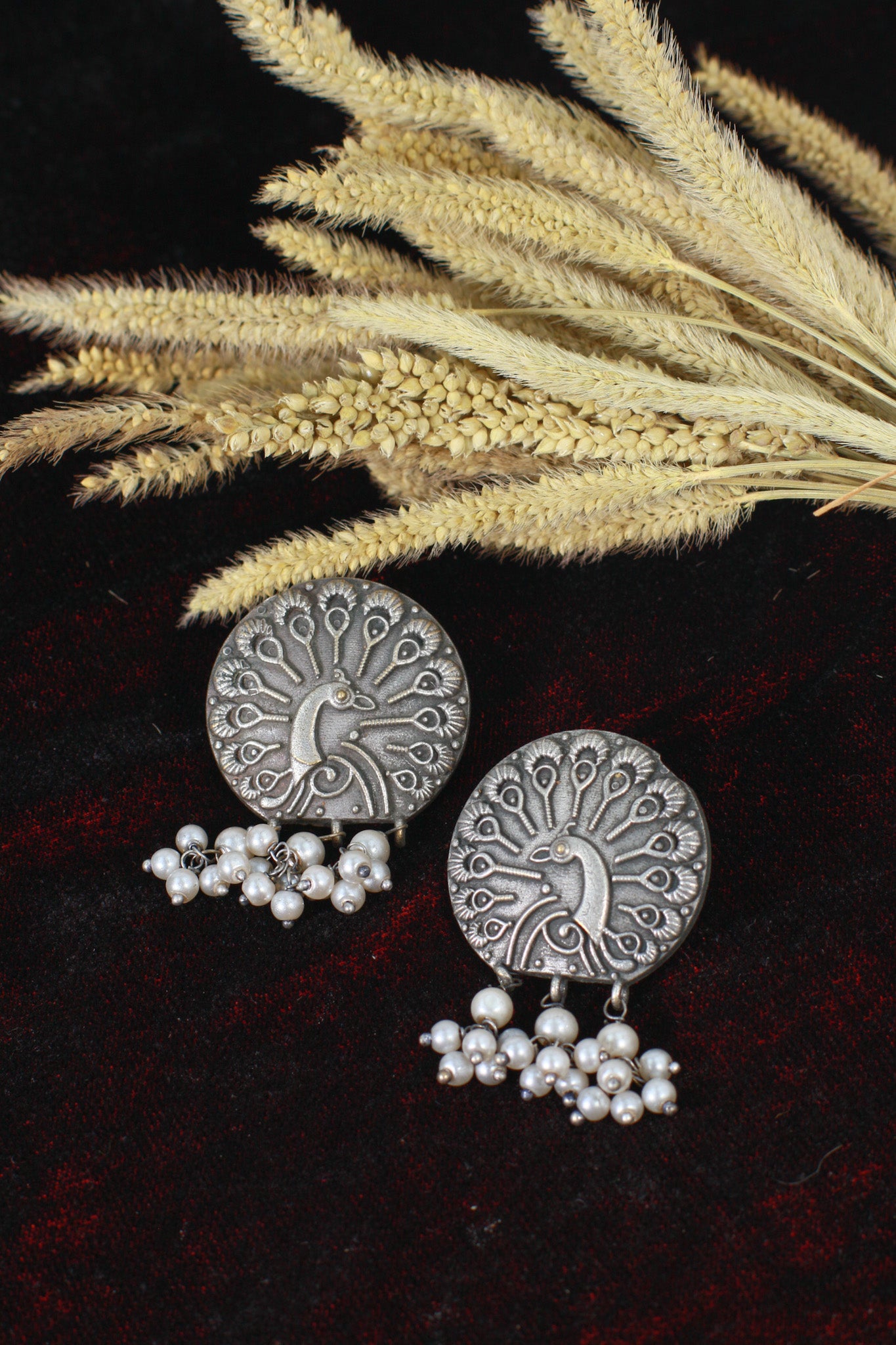 Oxidised German Silver Peacock Design Earrings with Pearls