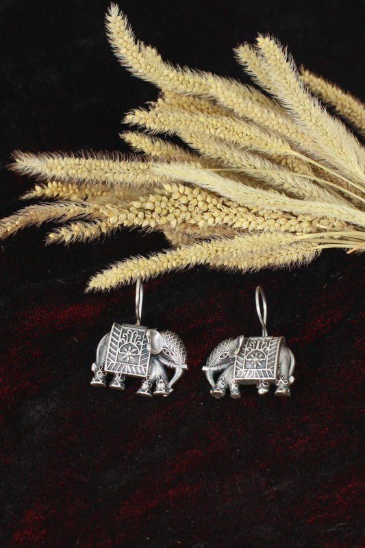 Oxidised German Silver Elephant Motif Hook Earrings