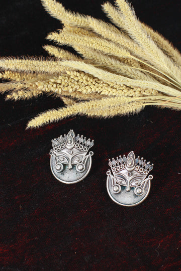Oxidised Durga Face German Silver Stud Earrings