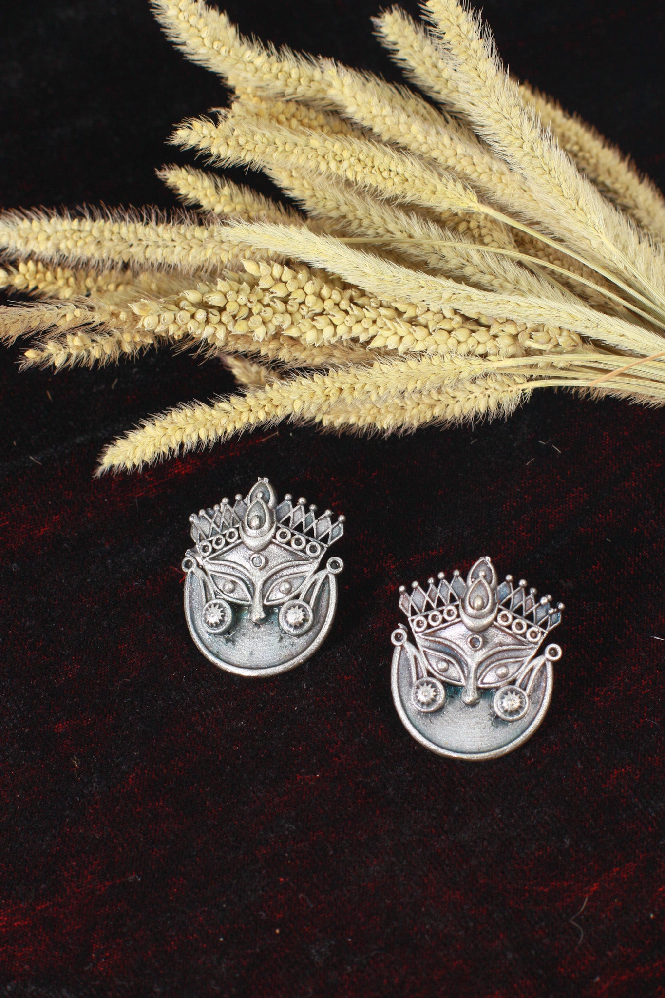 Oxidised Durga Face German Silver Stud Earrings