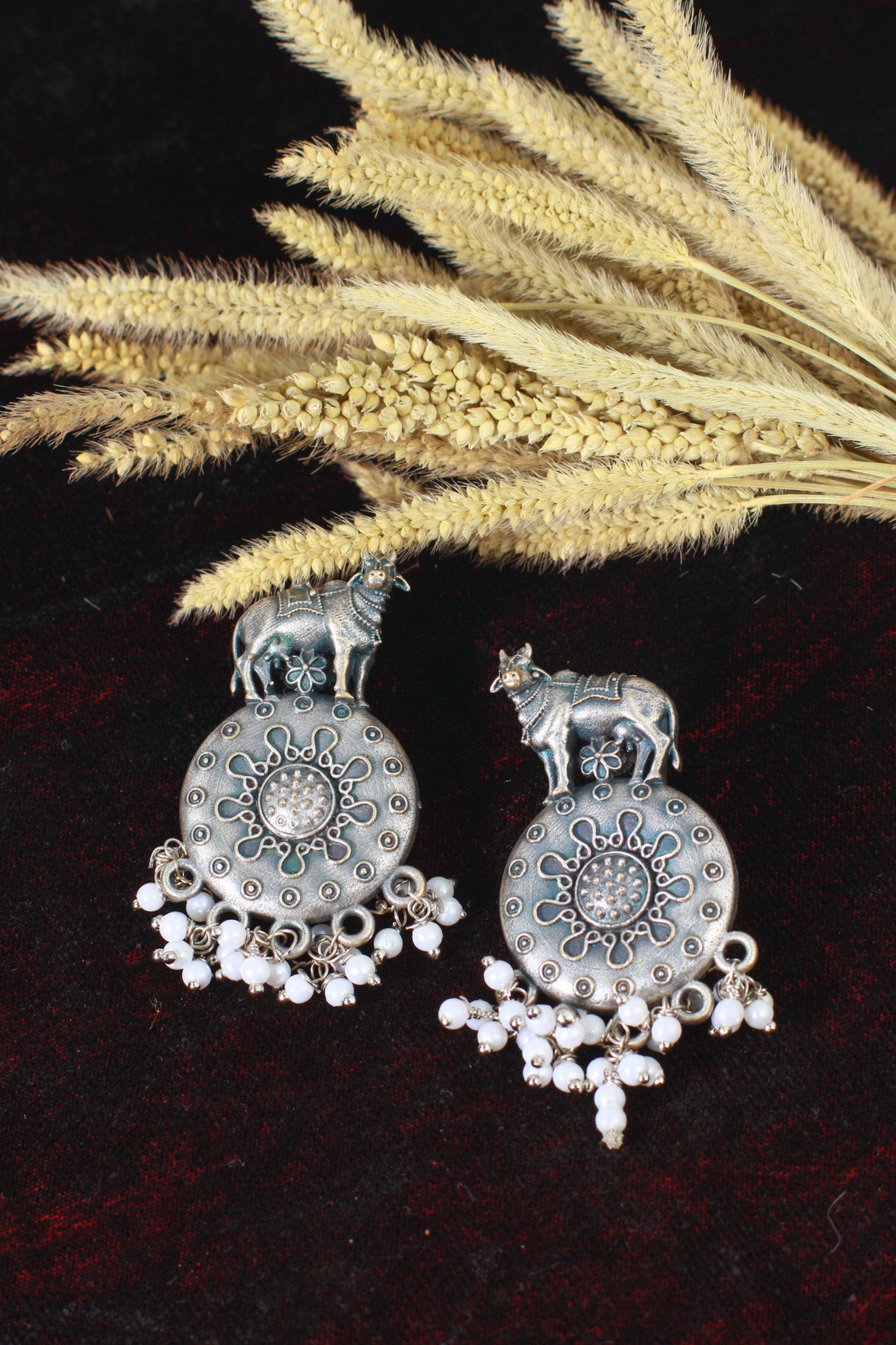 Oxidised German Silver Cow Design Earrings with Pearl Drops