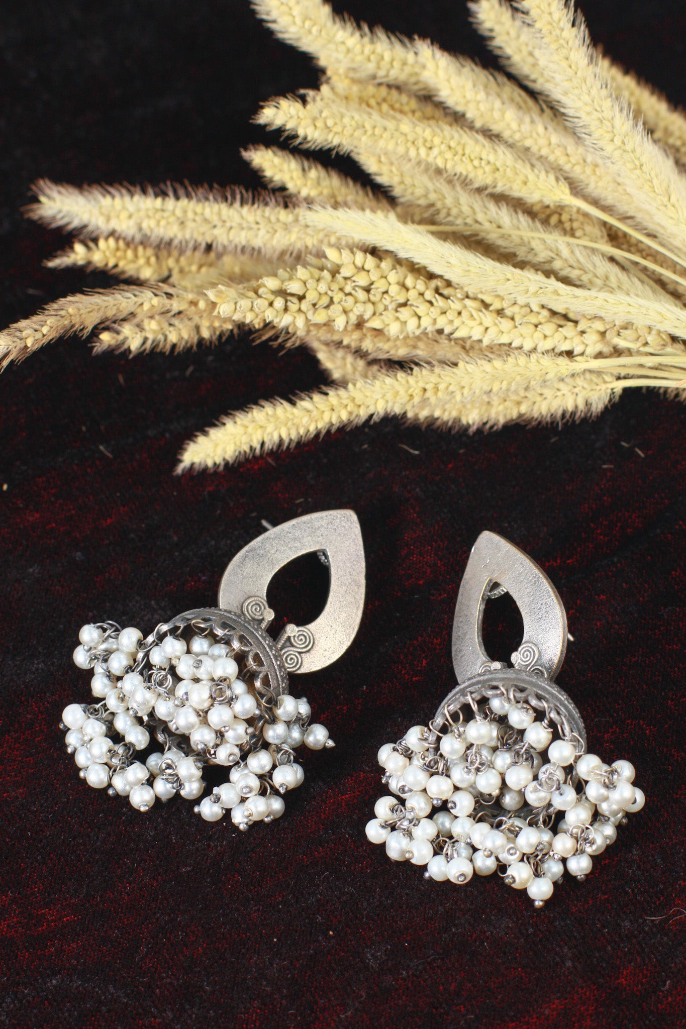 Oxidised German Silver Jhumka Earrings with Pearl Drops
