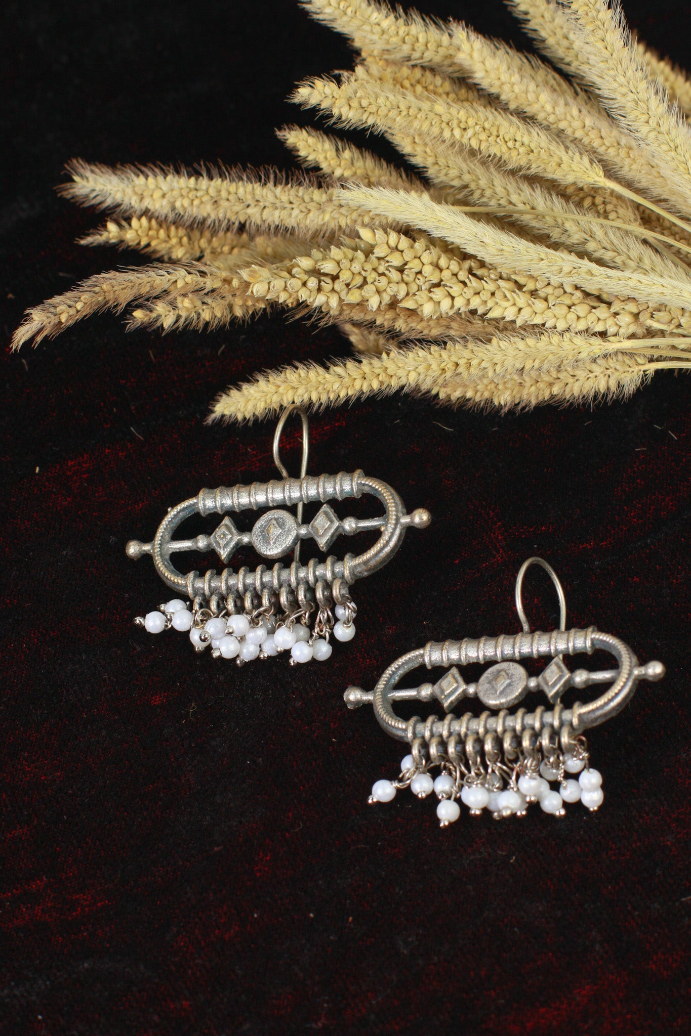 Oxidised Rectangular Pearl Drop German Silver Earrings