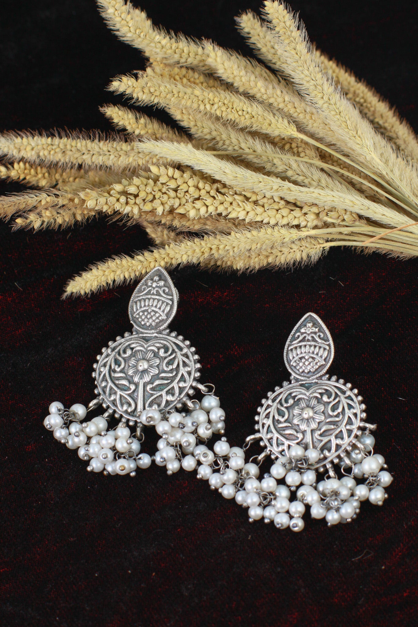 Oxidised German Silver Floral Earrings with Pearl Drops