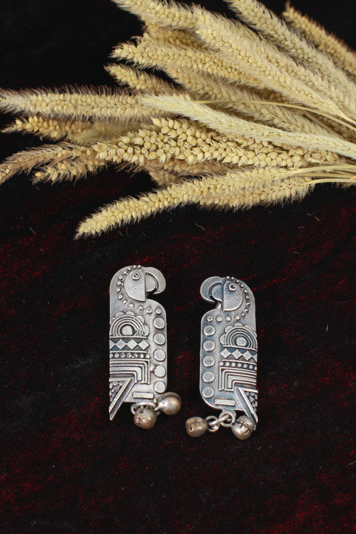 Oxidised Parrot Design German Silver Drop Earrings