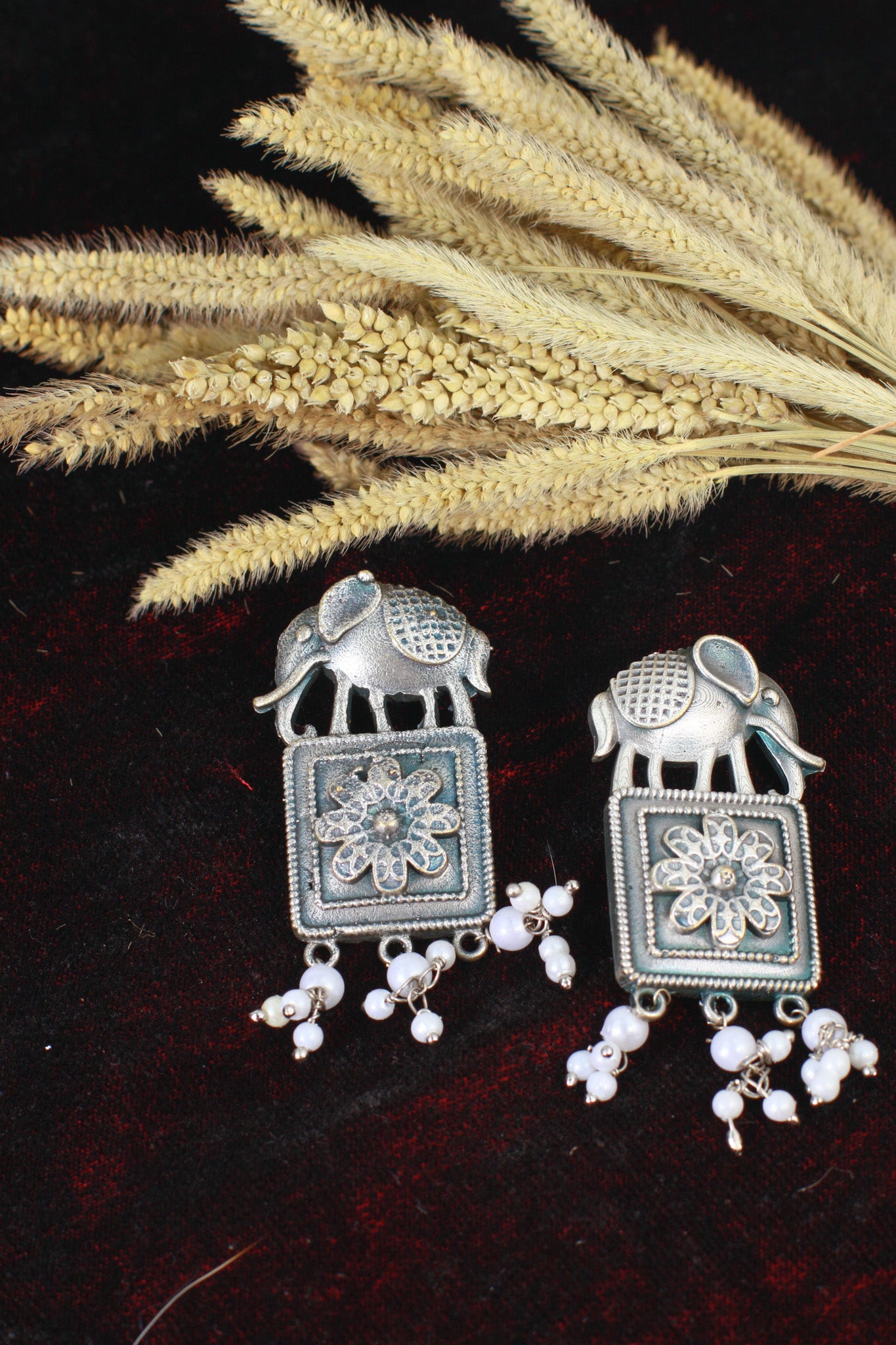 Oxidised German Silver Elephant Design Earrings with Pearls