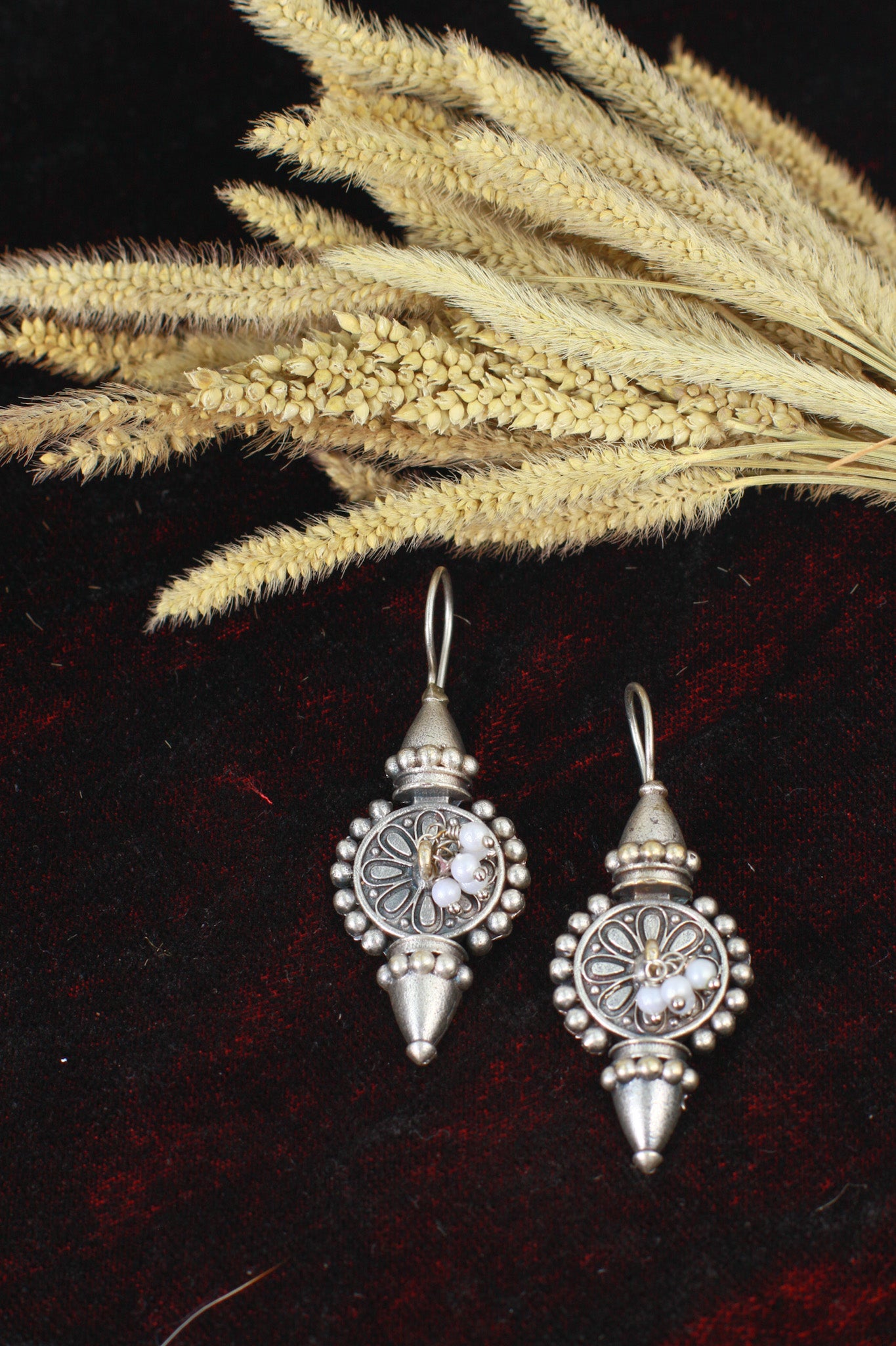 Oxidised Conical Beaded German Silver Drop Earrings