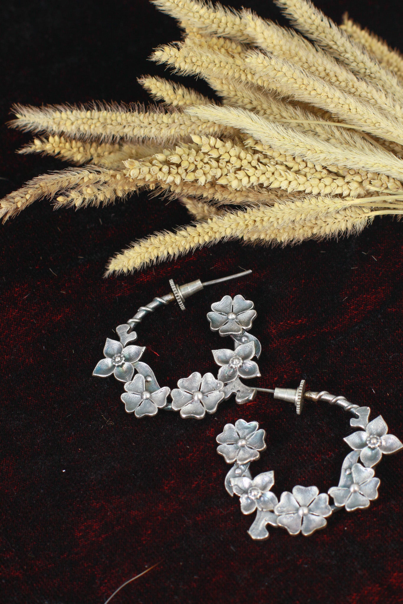 Oxidised Floral Hoop German Silver Earrings