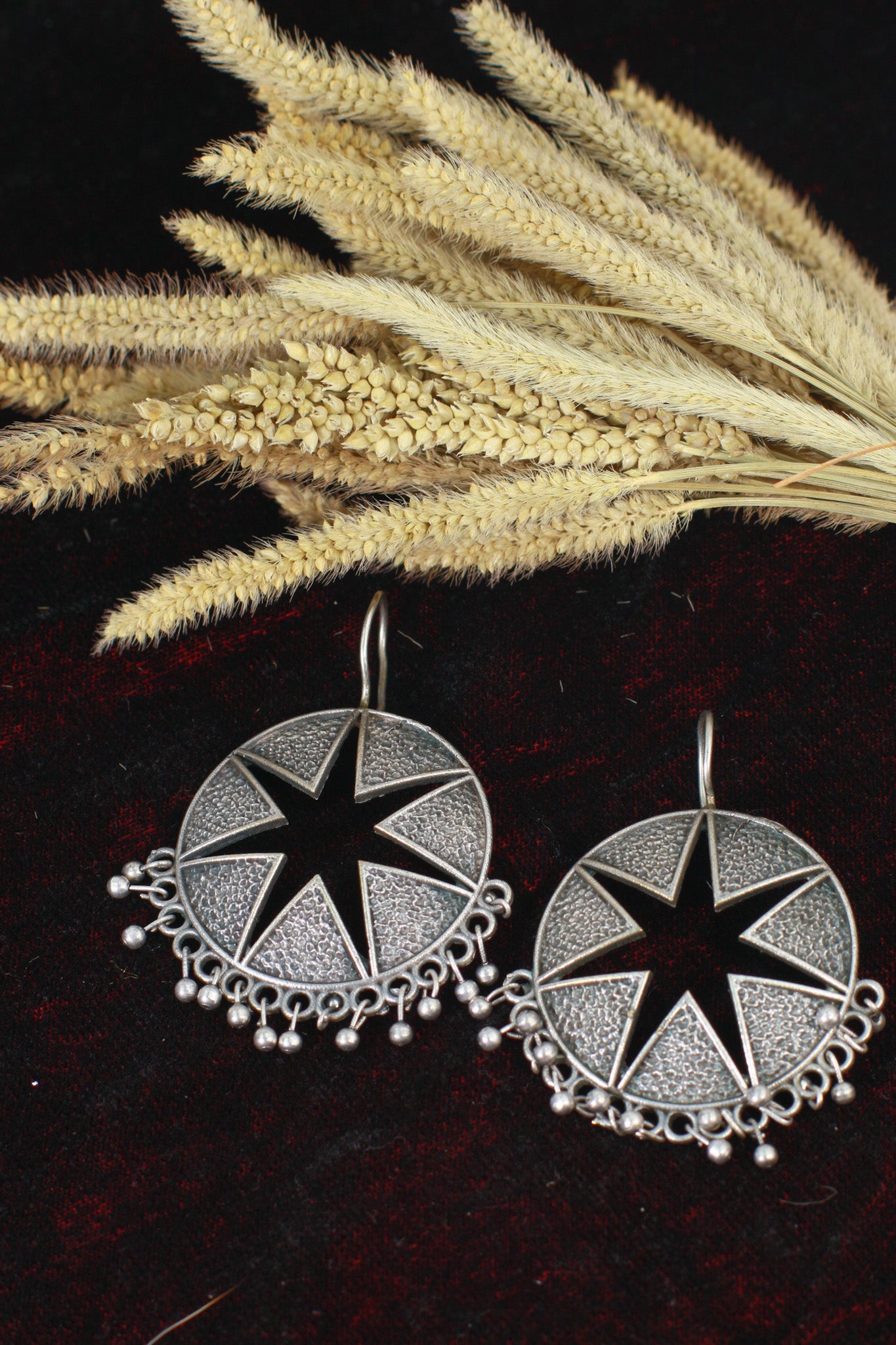 Oxidised German Silver Star Cutwork Round Hook Earrings with Bead Fringe