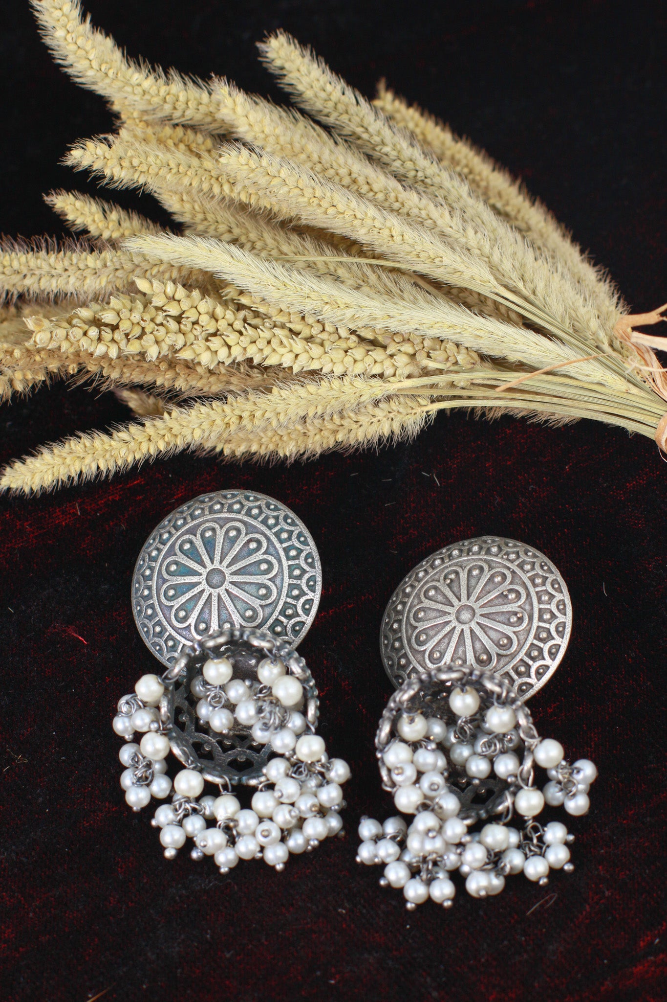 Oxidised German Silver Round Stud Earrings with Pearl Clusters