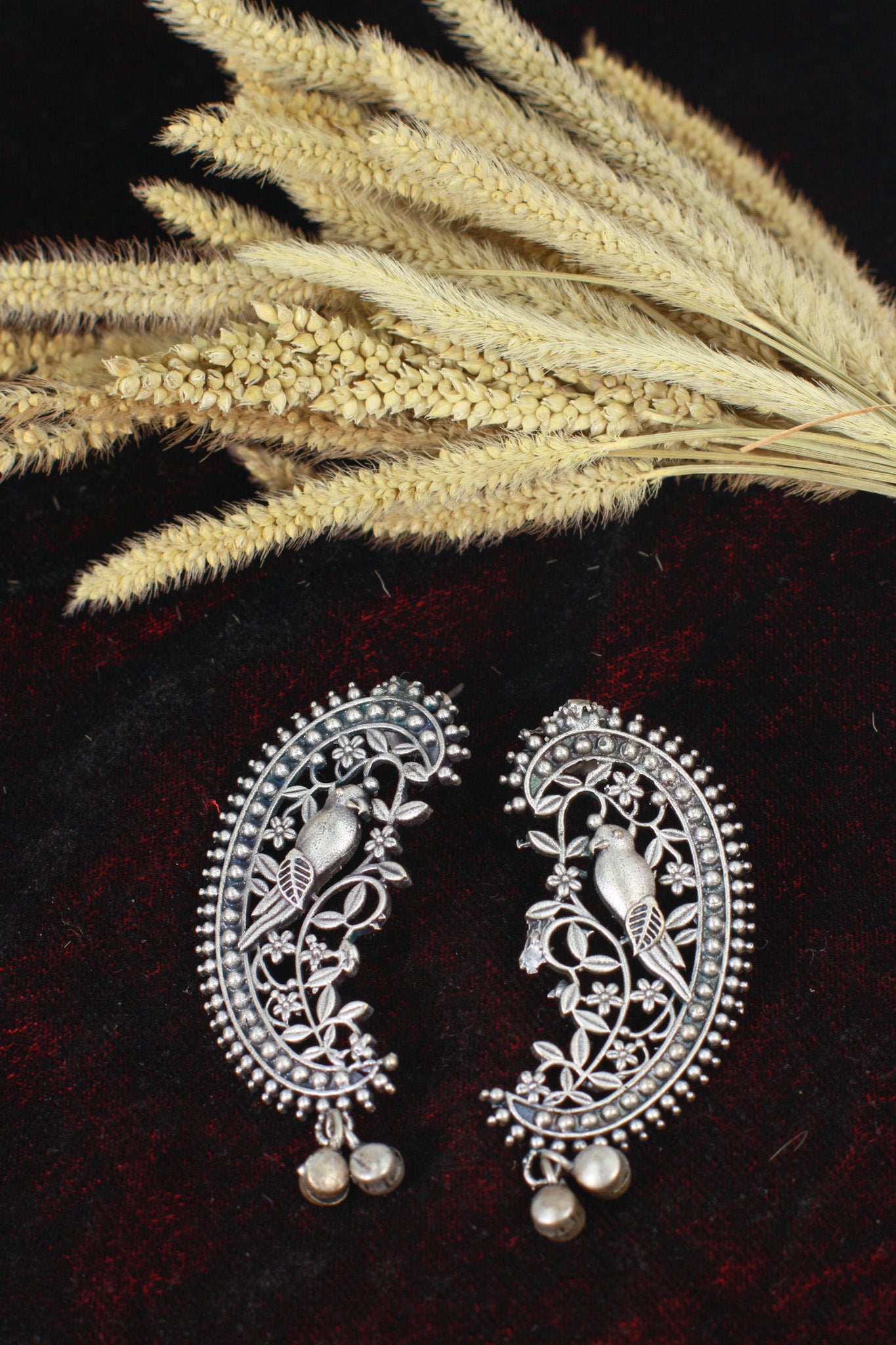 Oxidised German Silver Paisley Bird Stud Earrings