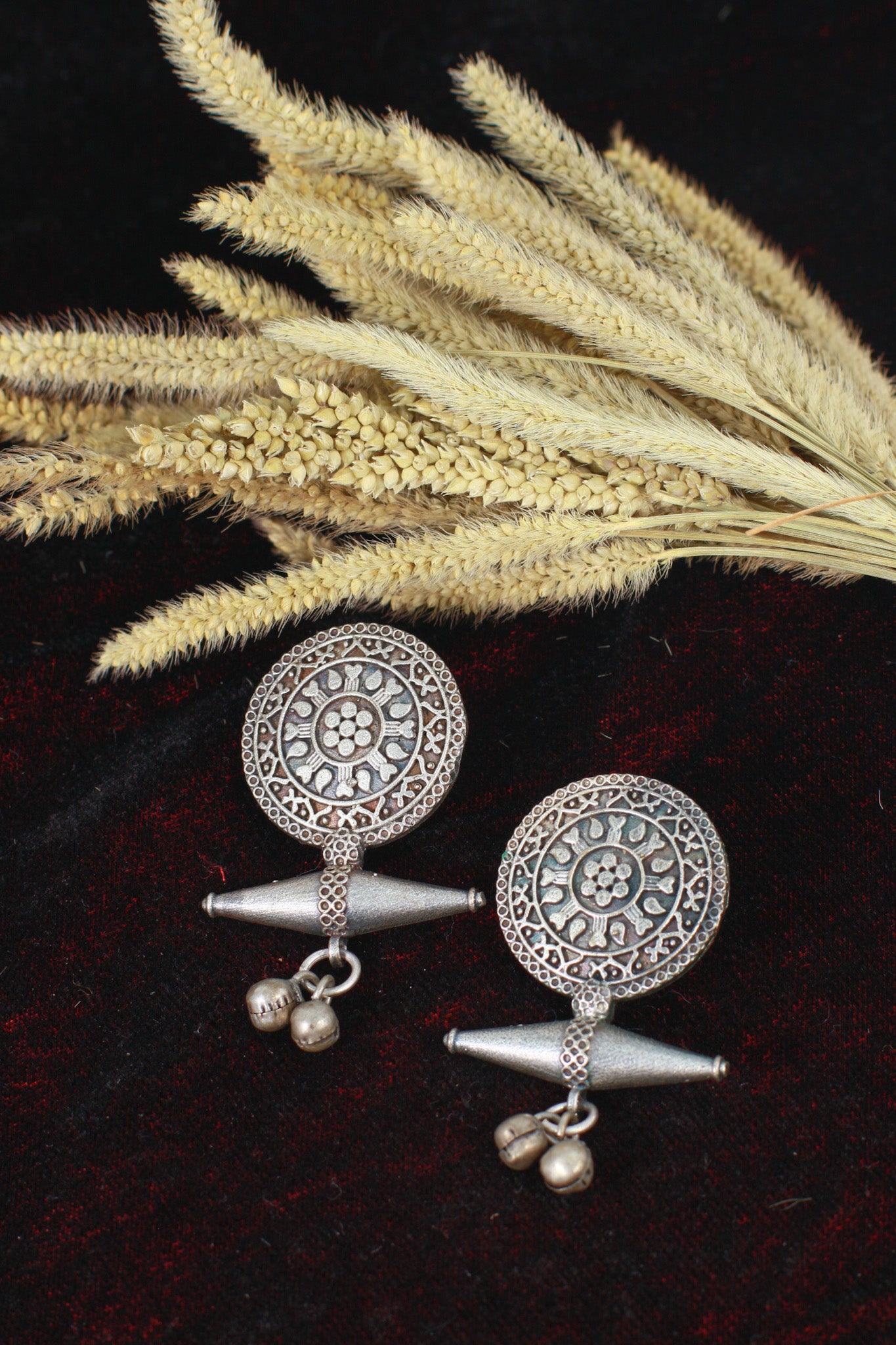 Oxidised German Silver Tribal Disc Stud Earrings