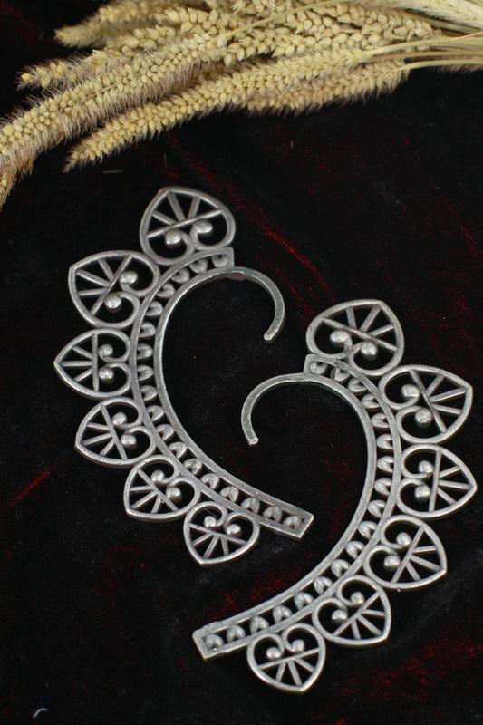 Oxidised German Silver Statement Ear Cuff – Heart Filigree