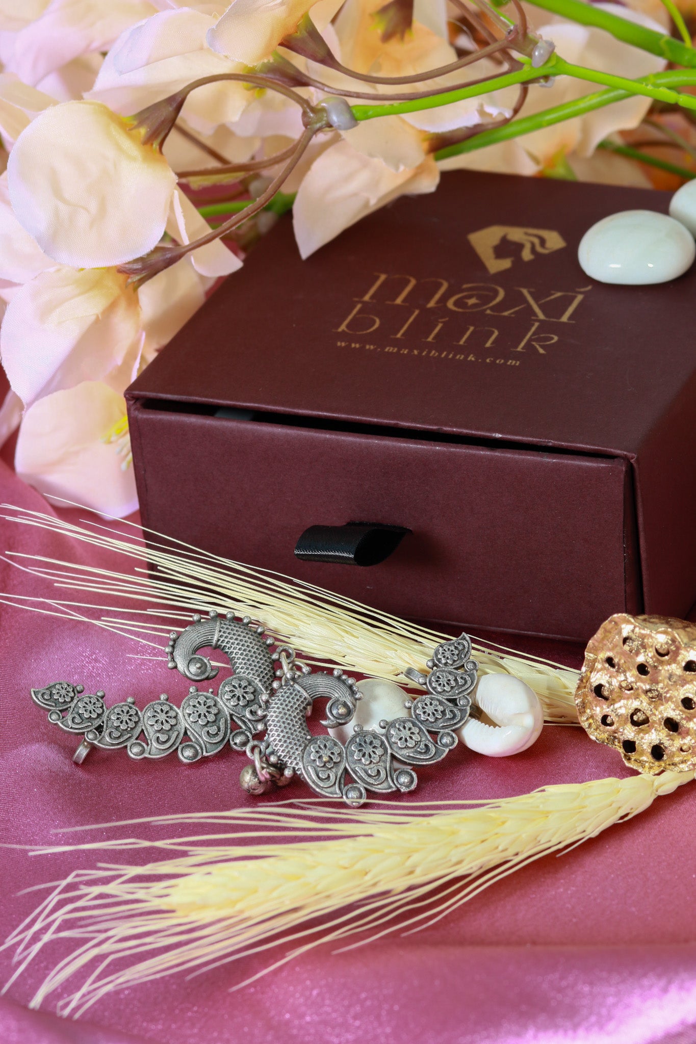 Oxidised German Silver Floral Peacock Earrings