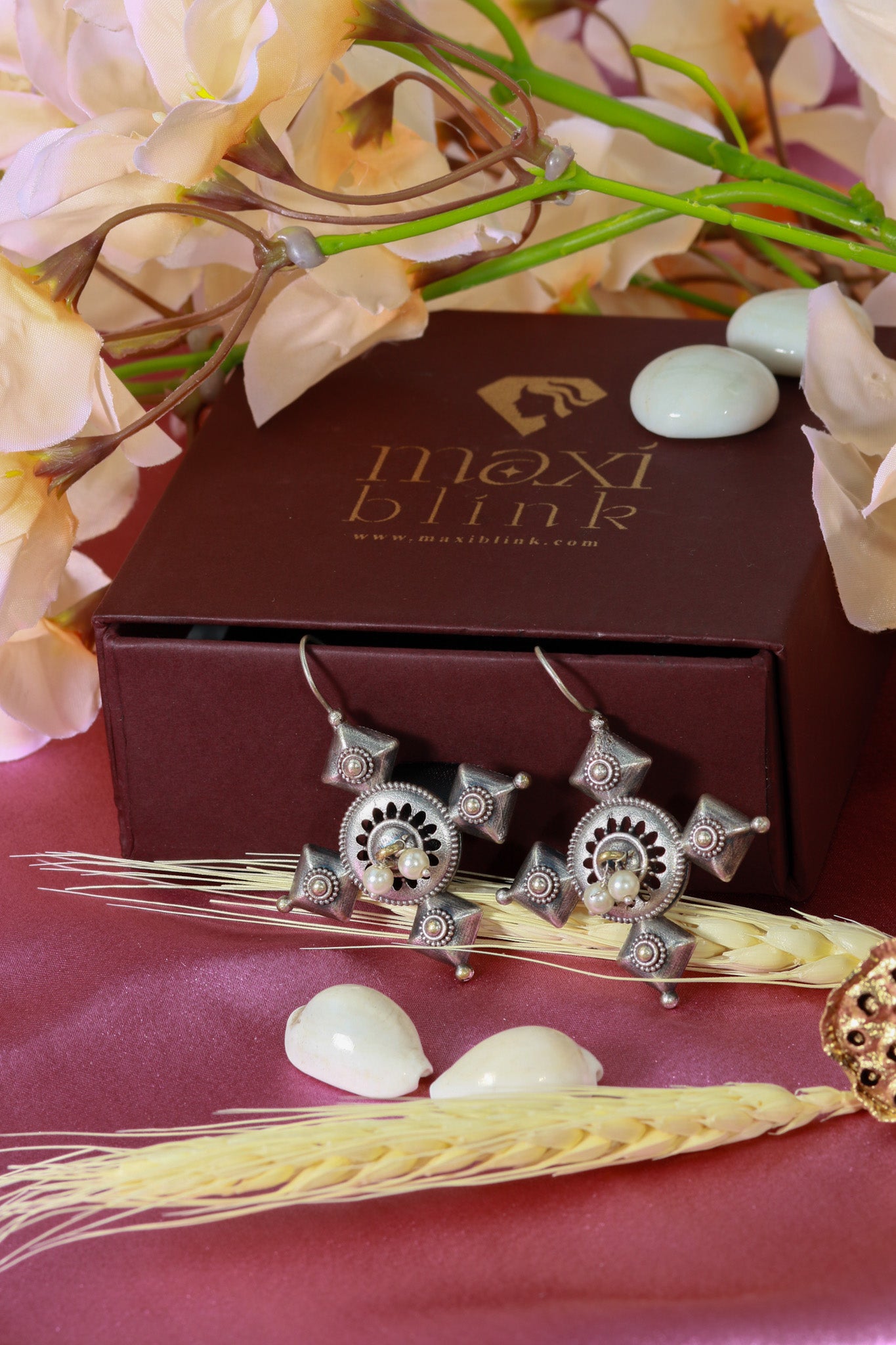 Oxidised German Silver Geometric Cross Drop Earrings with Pearls