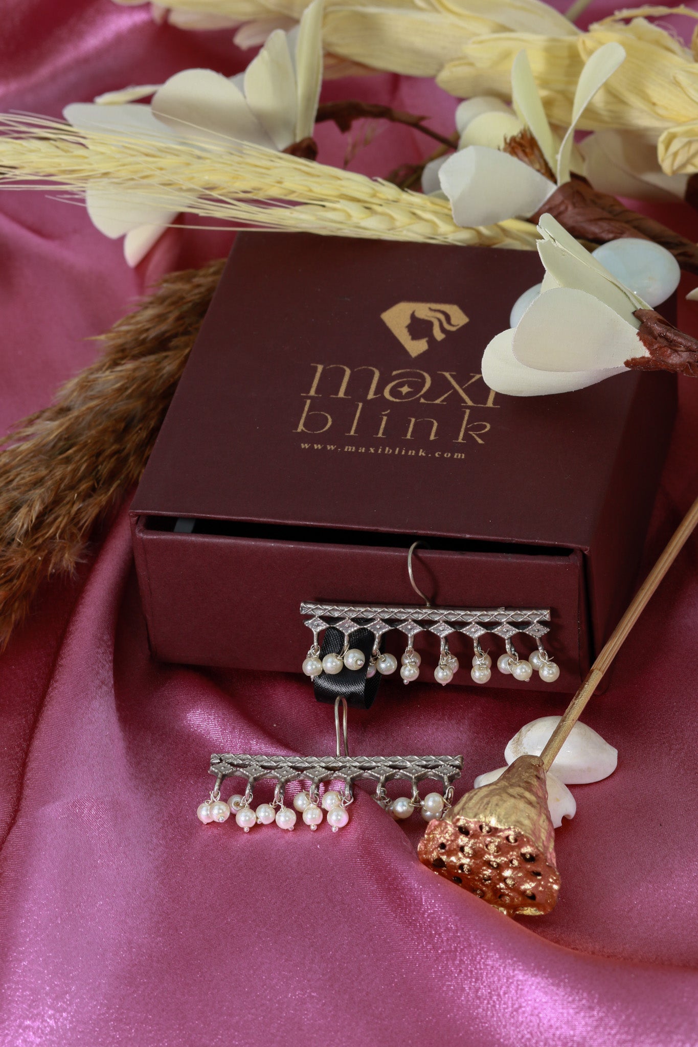 Oxidised Horizontal Pearl Bar German Silver Earrings