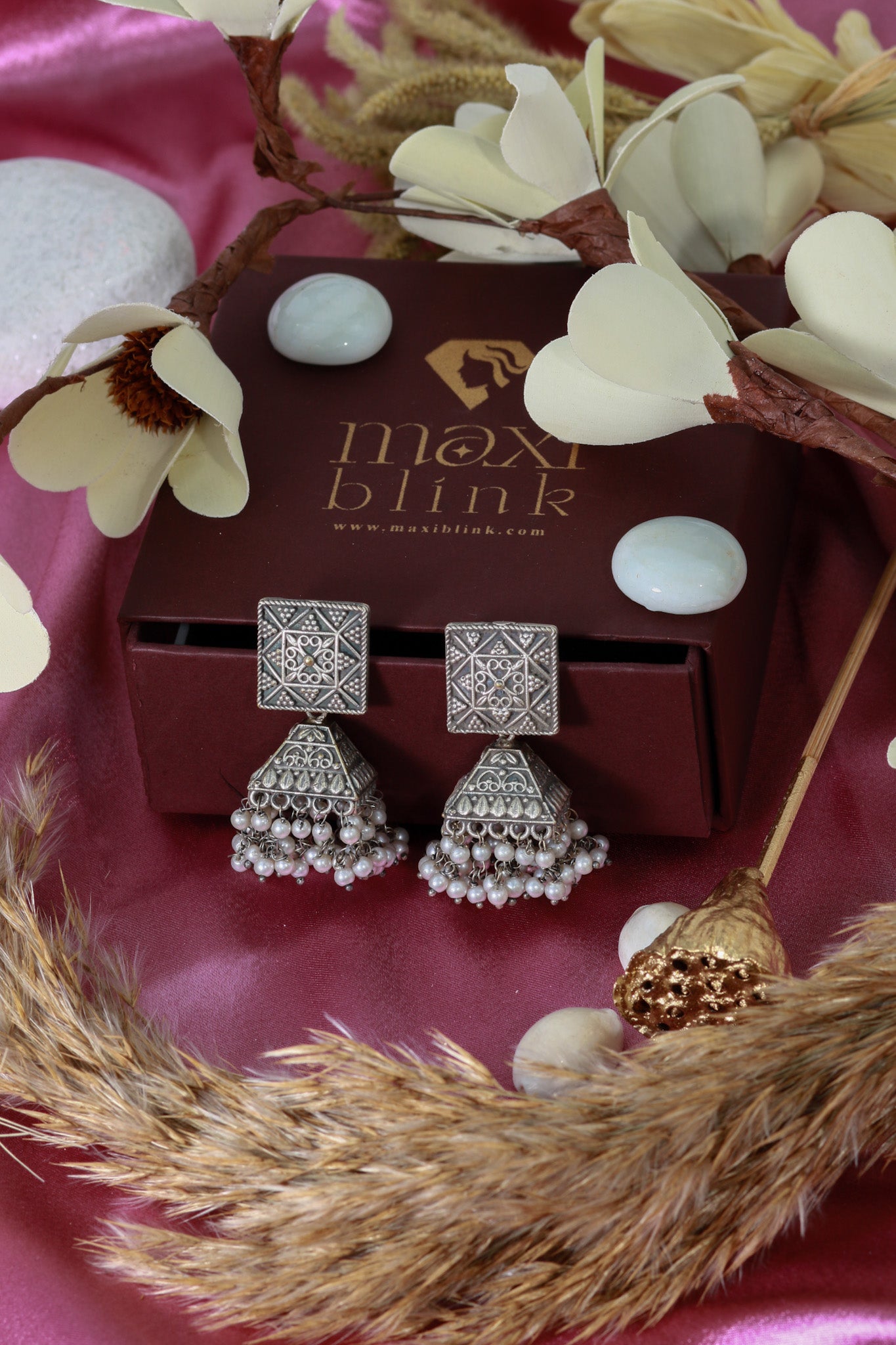 Oxidised German Silver Square Stud Earrings with Pearl Drops