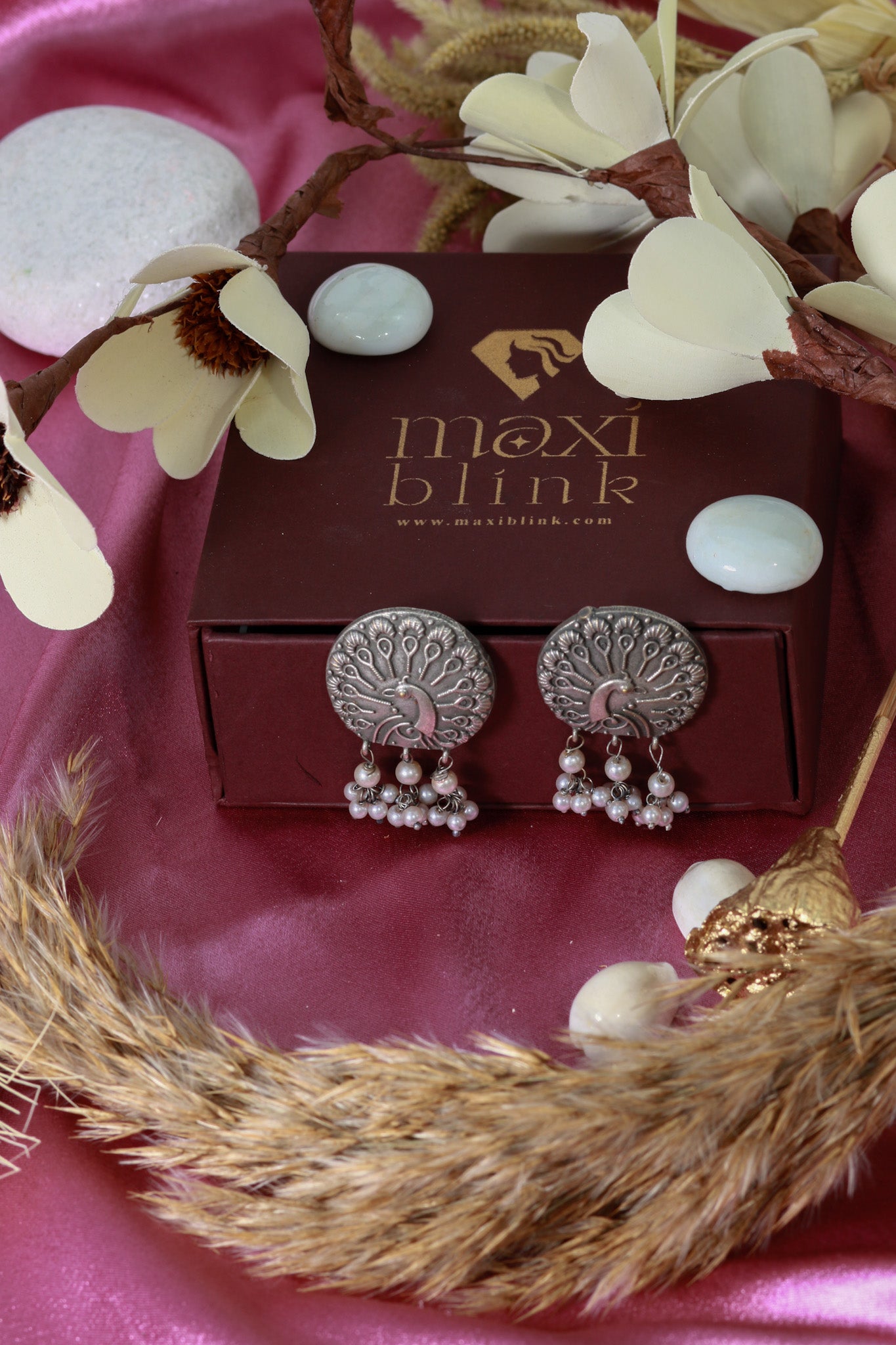 Oxidised German Silver Peacock Design Earrings with Pearls