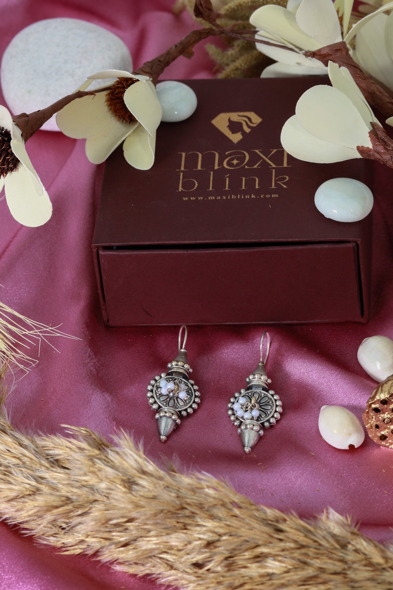 Oxidised Conical Beaded German Silver Drop Earrings