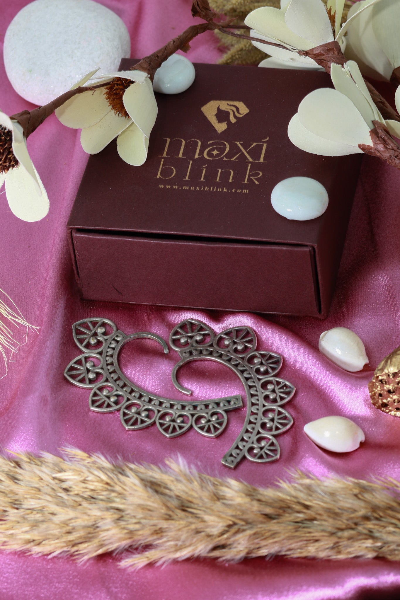 Oxidised German Silver Statement Ear Cuff – Heart Filigree