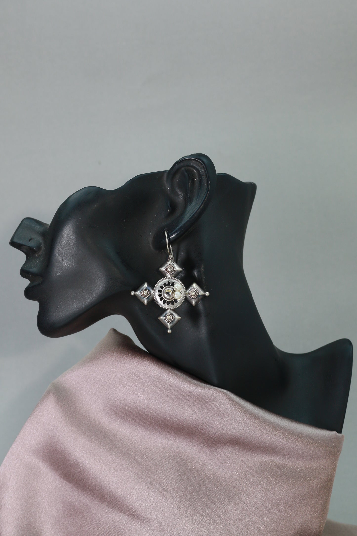 Oxidised German Silver Geometric Cross Drop Earrings with Pearls