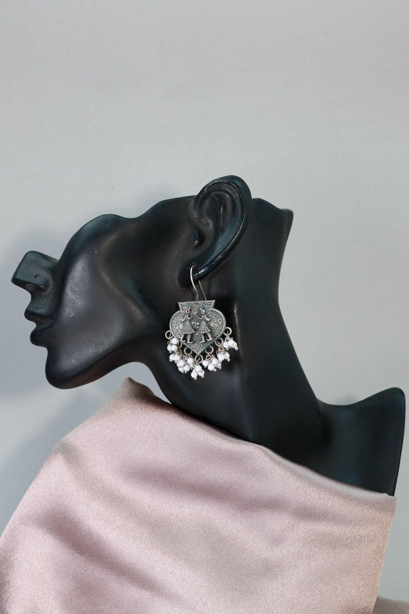 Oxidised German Silver Folk Dancer Earrings with Pearl Drops