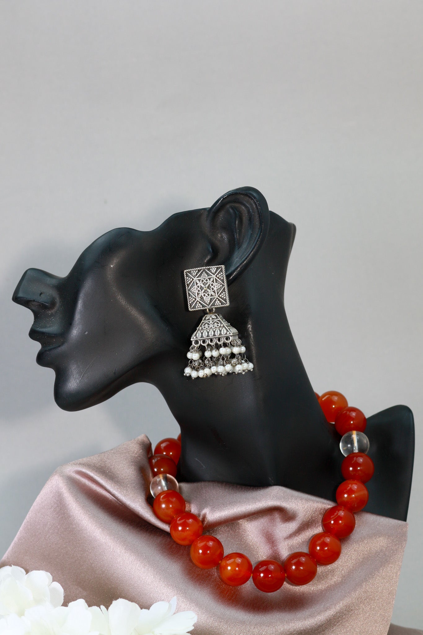 Oxidised German Silver Square Stud Earrings with Pearl Drops