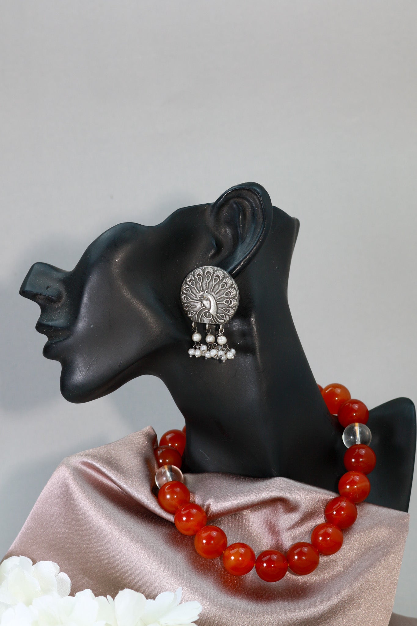 Oxidised German Silver Peacock Design Earrings with Pearls