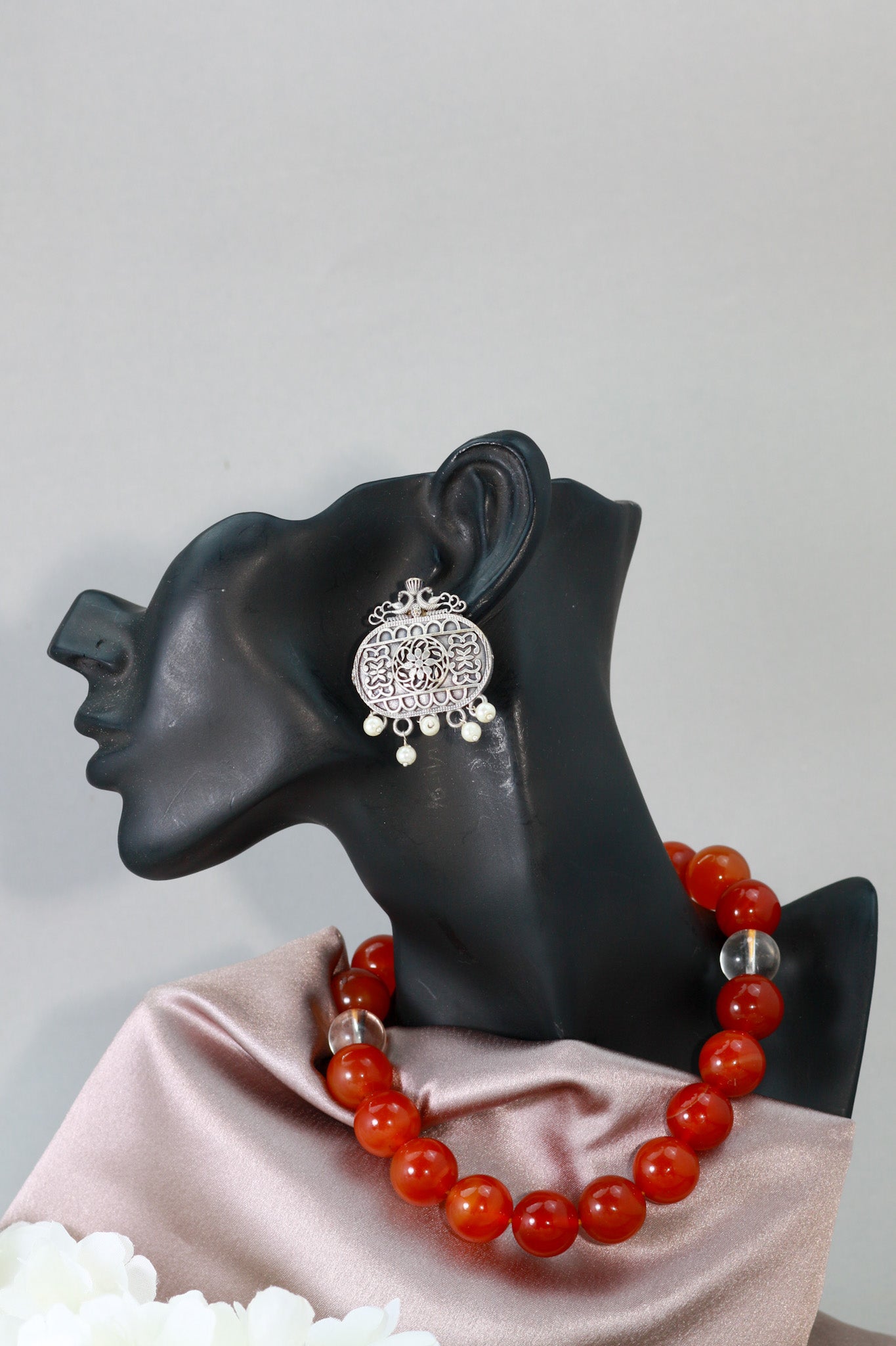 Oxidised German Silver Antique Oval Stud Earrings with Pearl Drops