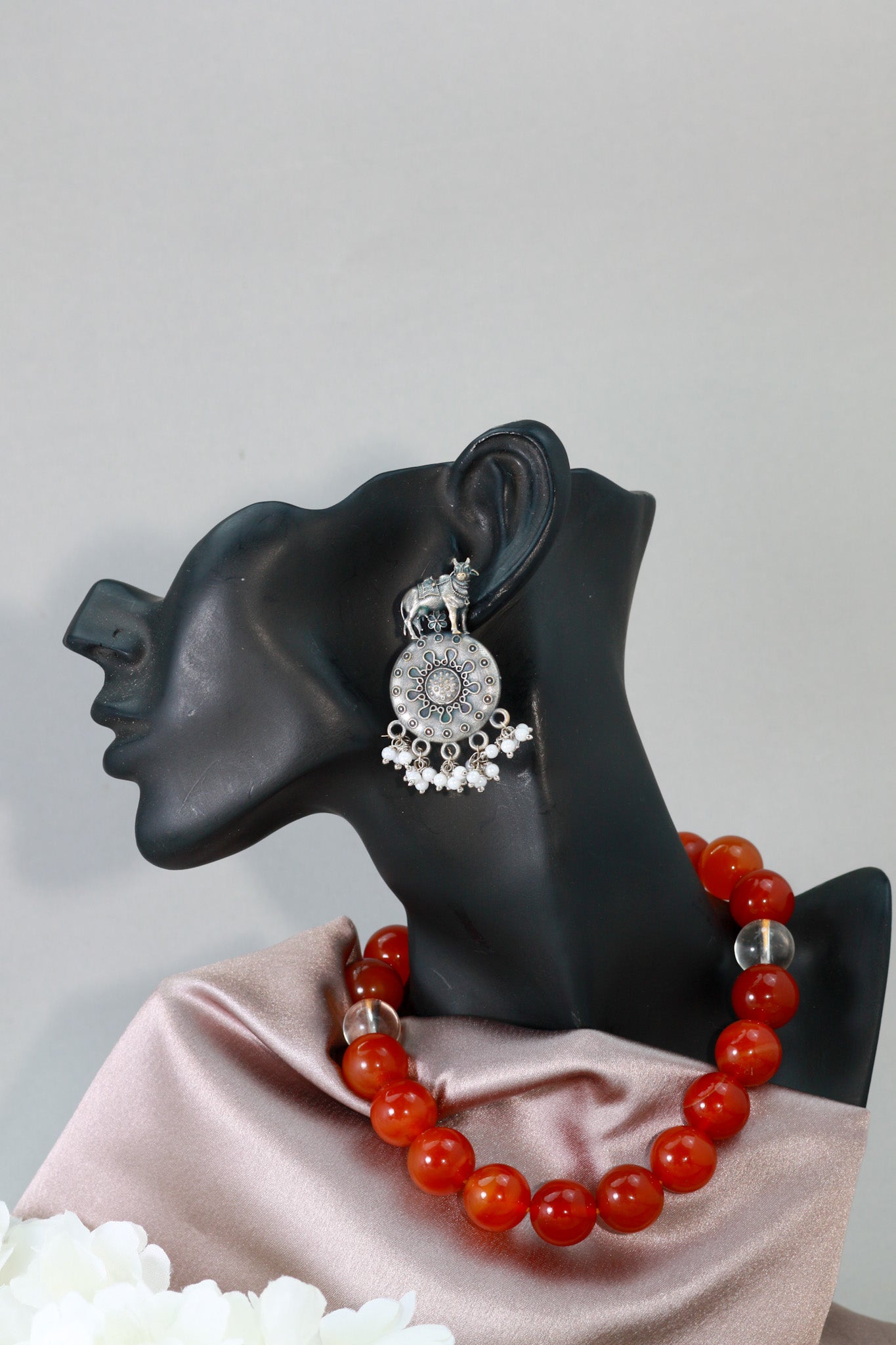 Oxidised German Silver Cow Design Earrings with Pearl Drops