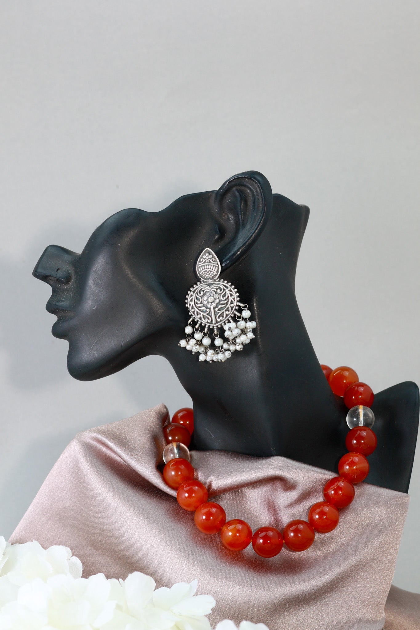 Oxidised German Silver Floral Earrings with Pearl Drops