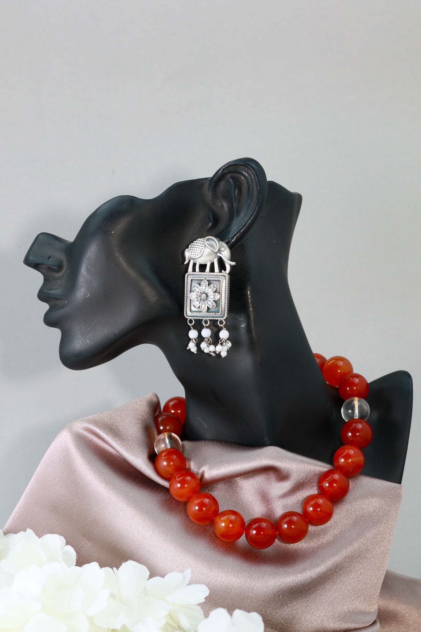 Oxidised German Silver Elephant Design Earrings with Pearls