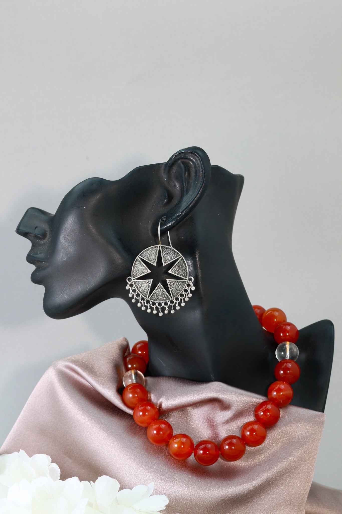 Oxidised German Silver Star Cutwork Round Hook Earrings with Bead Fringe