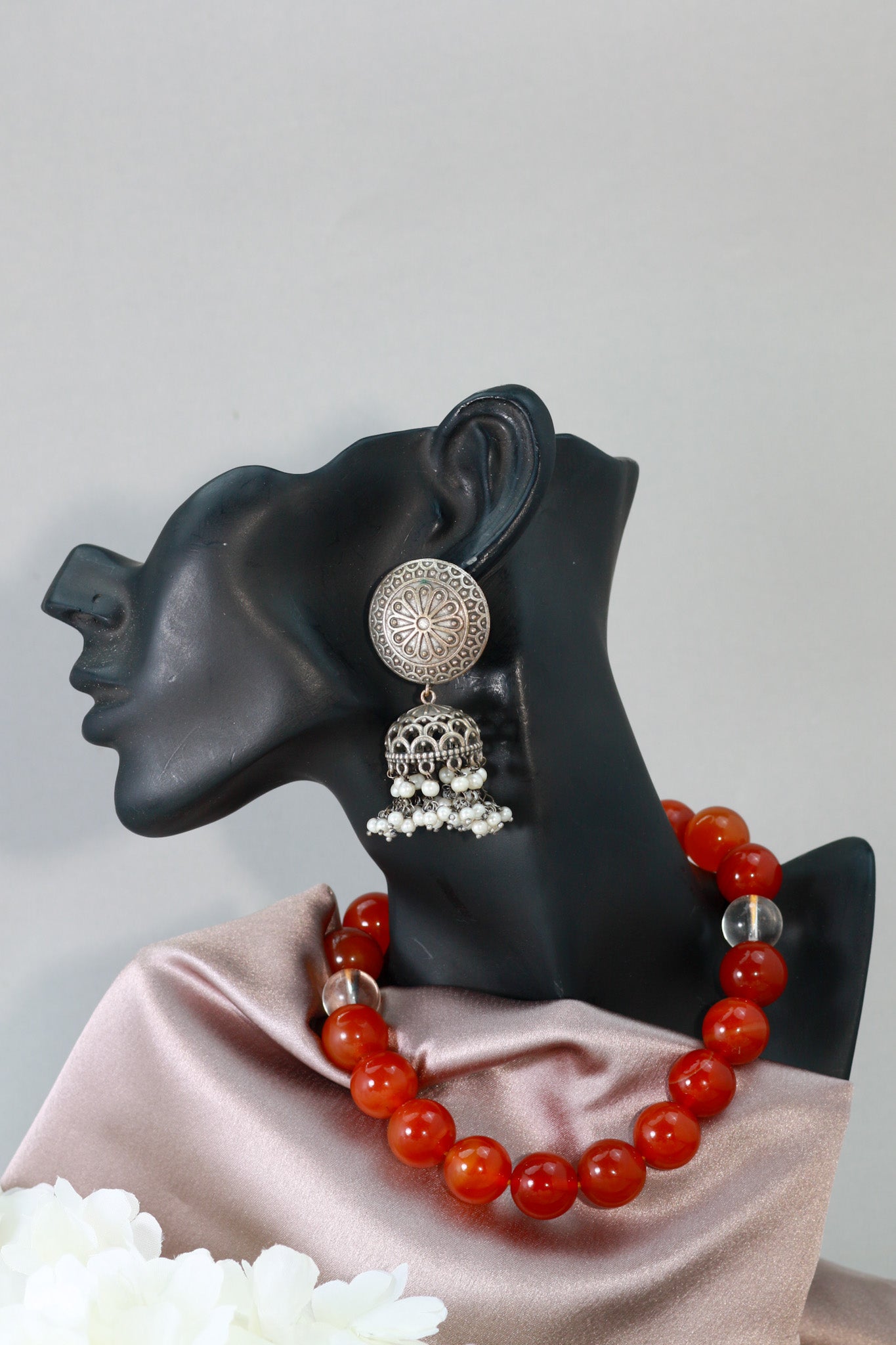 Oxidised German Silver Round Stud Earrings with Pearl Clusters